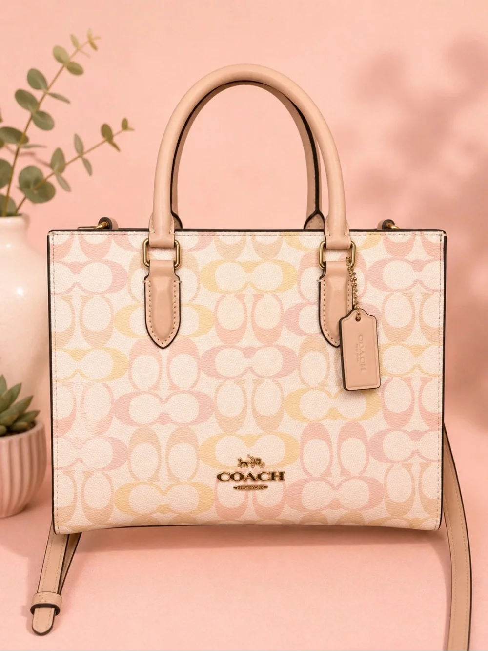 COACH small Maggie tote in Signature Canvas Satchel and Pastel Pink